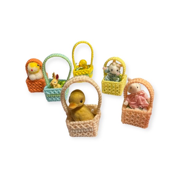 Miniature Easter Baskets with Animals Figurines Set of 6 Spring‎ Decor - Picture 1 of 2